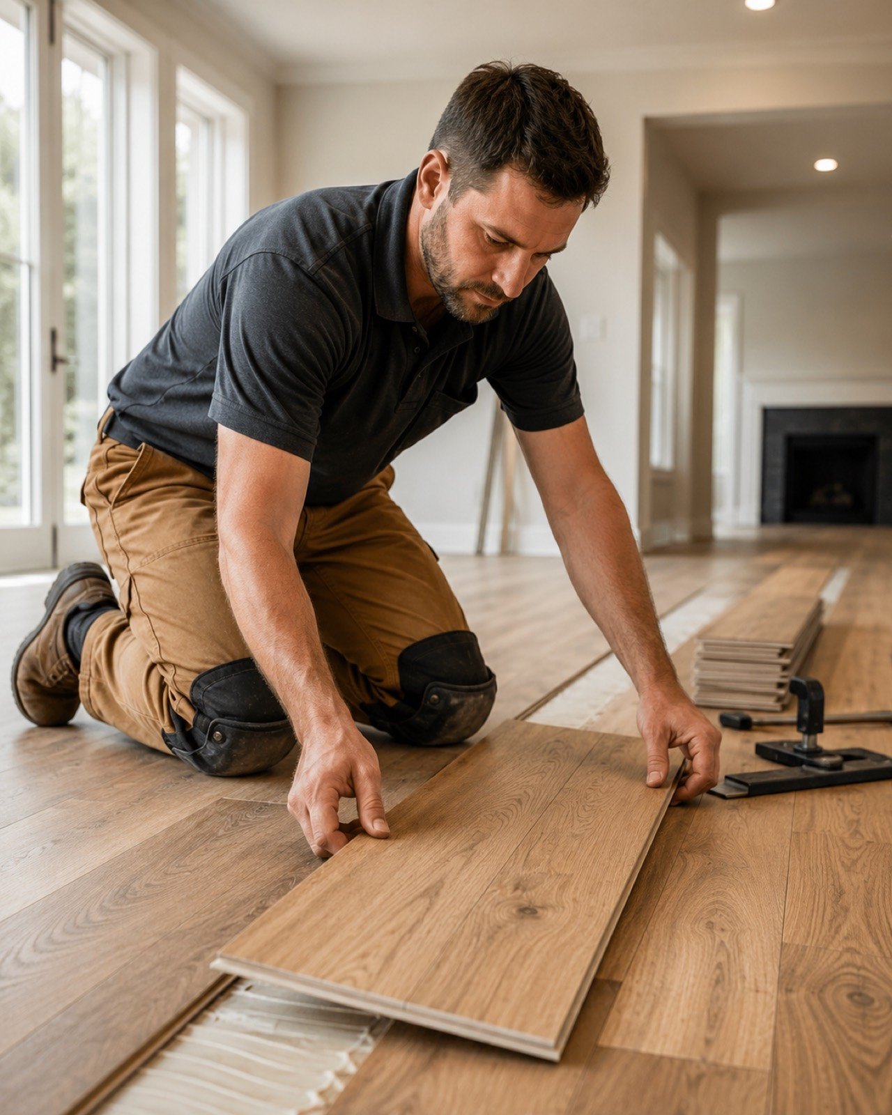 Professional flooring installer at work