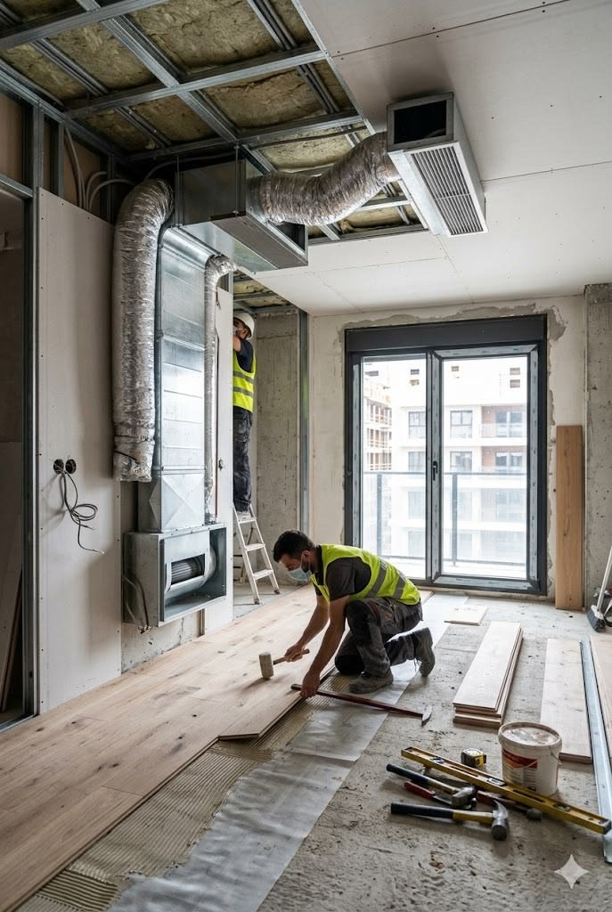 Professional flooring installer at work